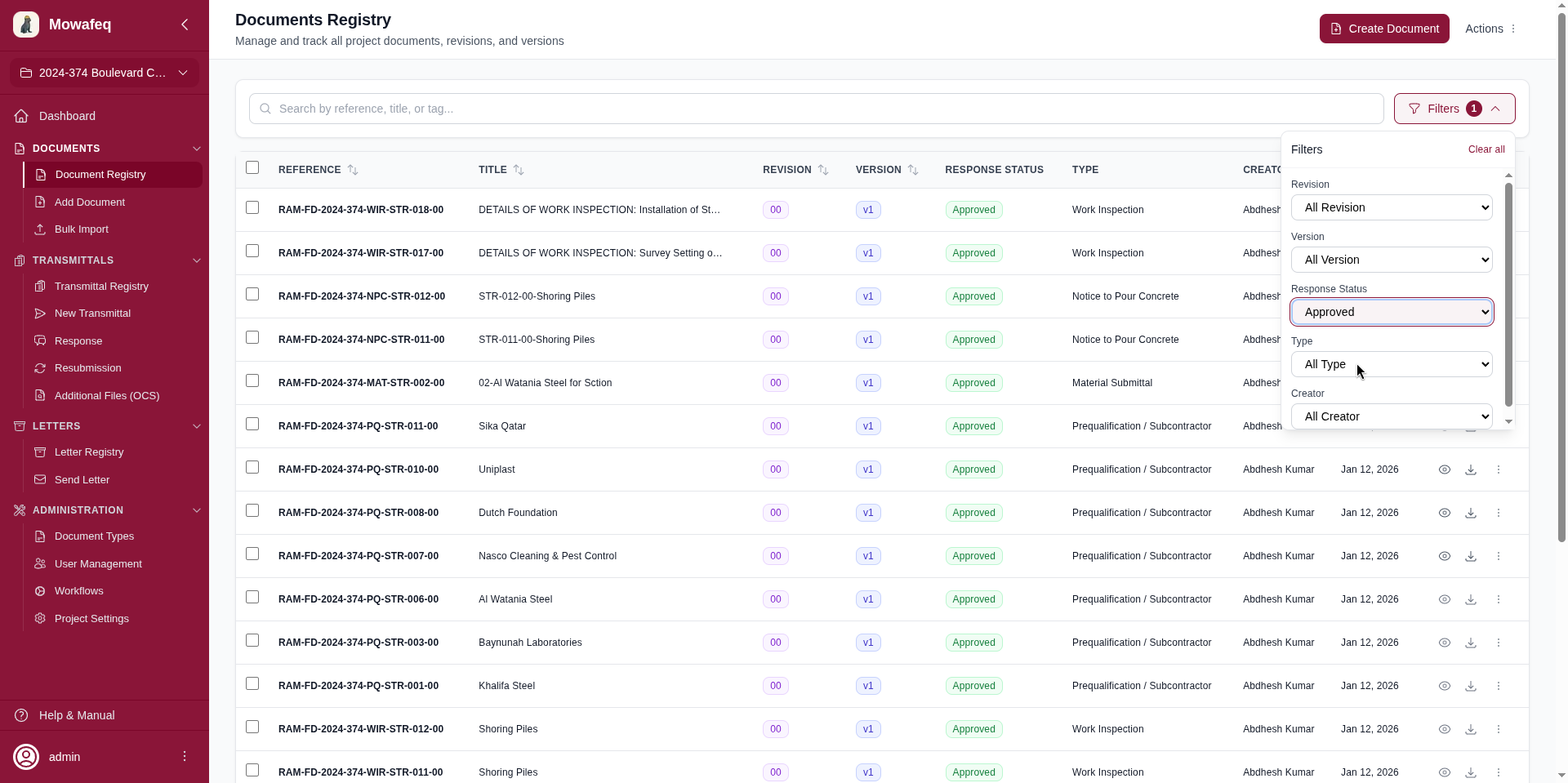 Registry with filter panel expanded