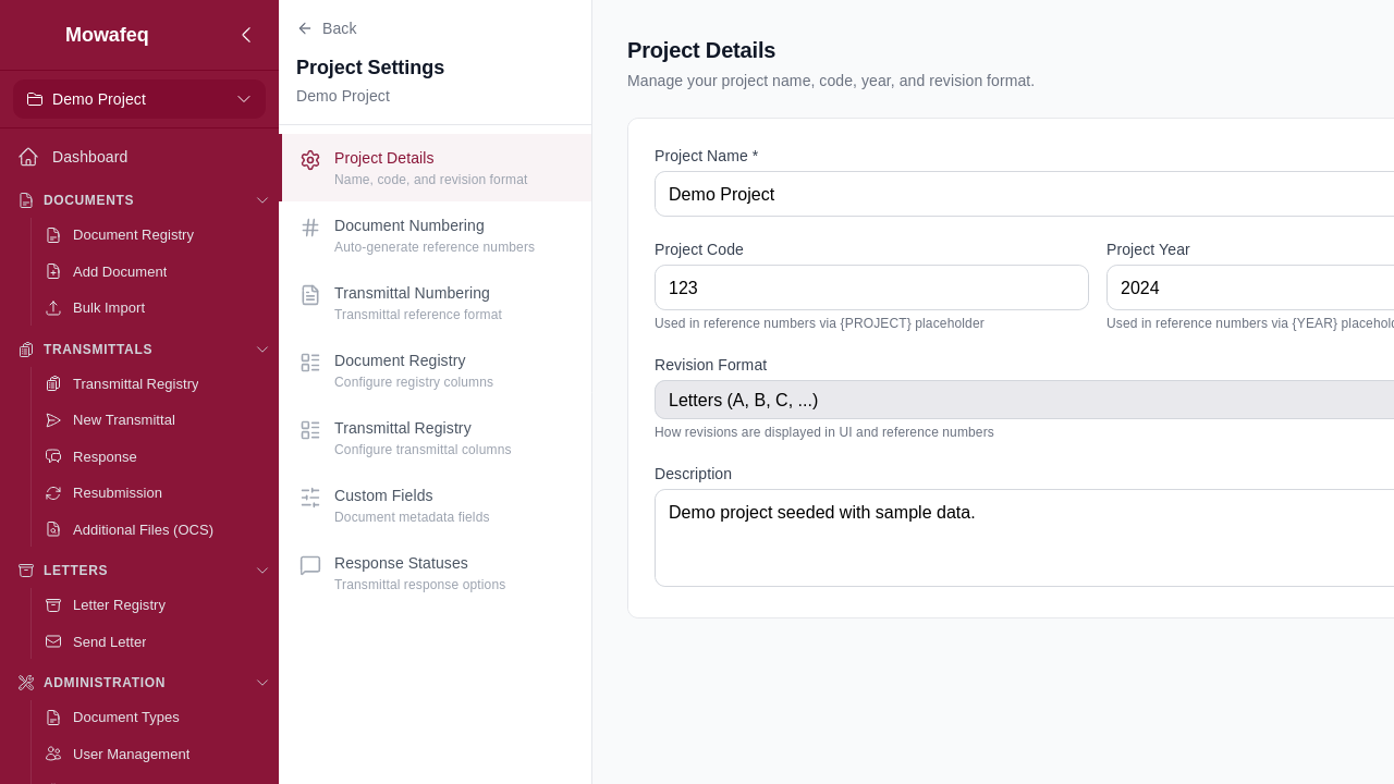 Project Settings page