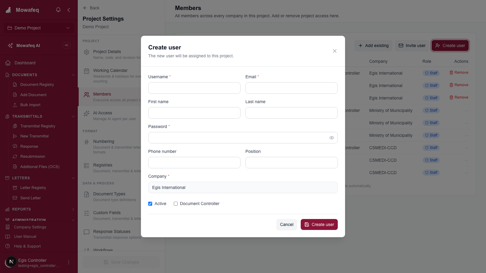 Create user form with the Document Controller option