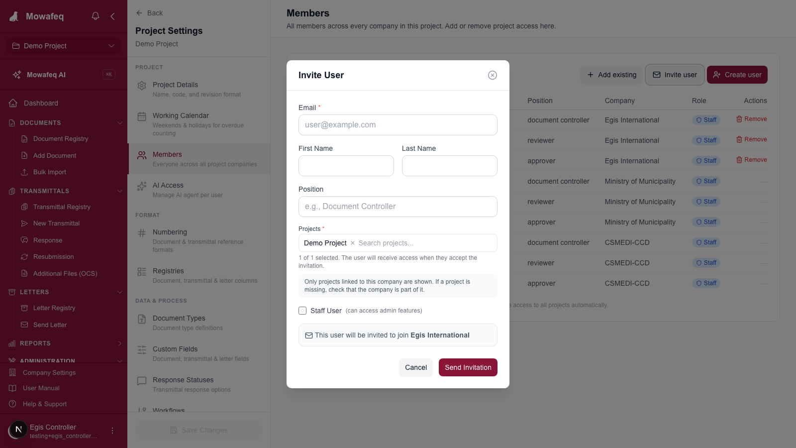 Invite user form for the current company and project