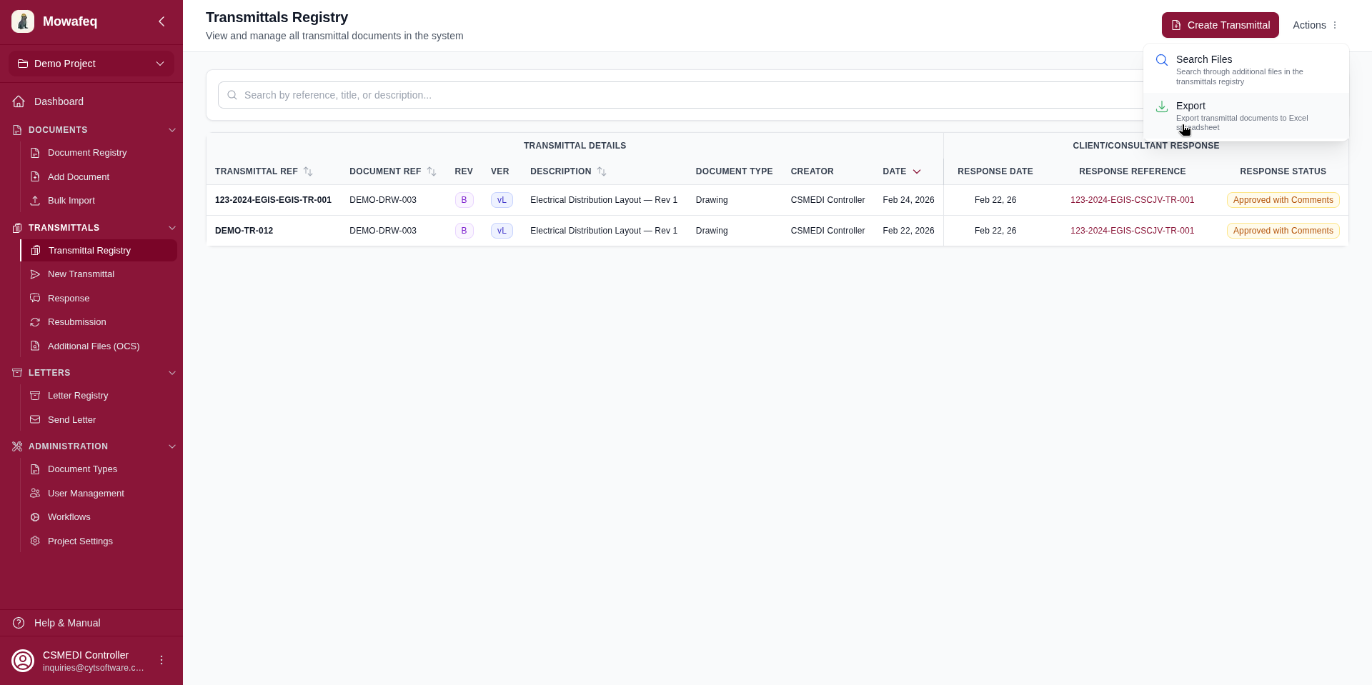 Transmittal registry export