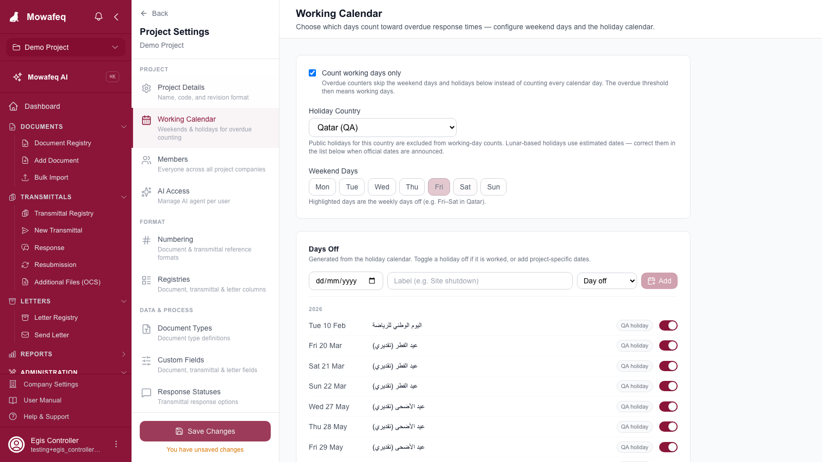 Working Calendar controls in Project Settings